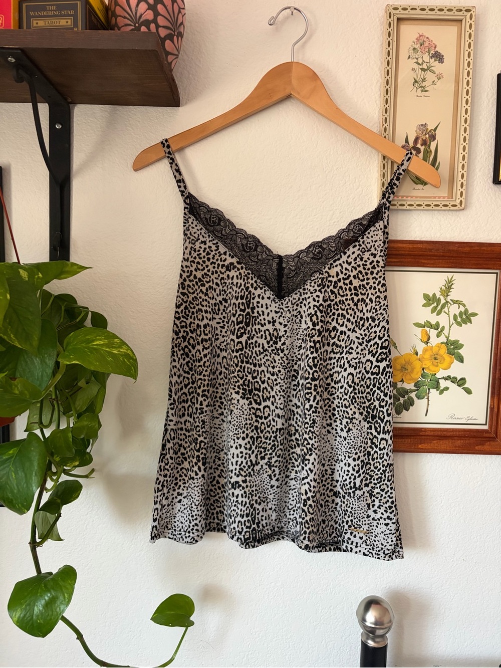 Leopard Print Lace Trim Cami Tank Top - Black & White - BCBGMAXAZRIA Small